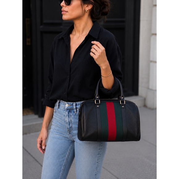 Gucci Handbags - Gucci Black Pebbled Leather Vintage Web Boston Bag Satchel